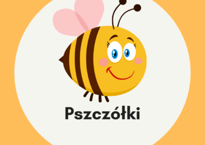 Grafika przedstawia uśmiechniętą pszczółkę znajdującą się w szarym kole, które umiejscowione jest na żółtym tle.